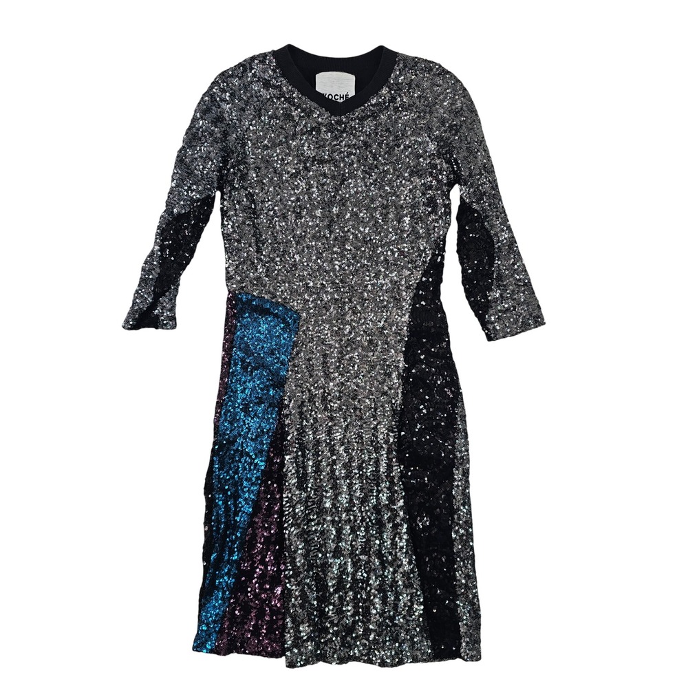 Koche Sequin‎ Colorblock Midi Dress Long Sleeve Silver Blue Purple Crew Neck